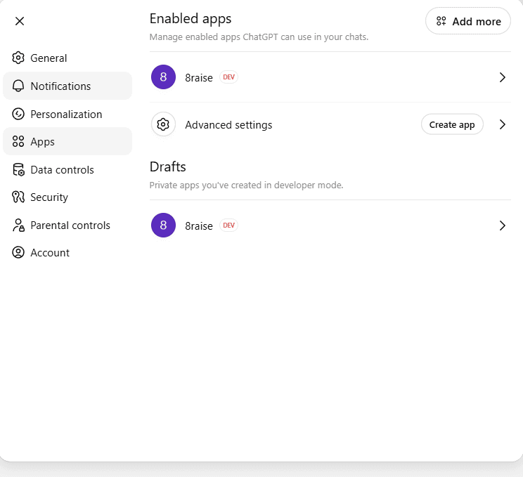 ChatGPT Apps settings page, Advanced settings