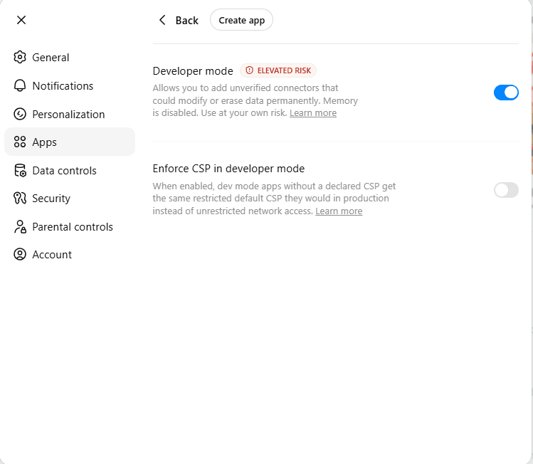 ChatGPT Advanced settings showing Developer mode toggle and Create app button