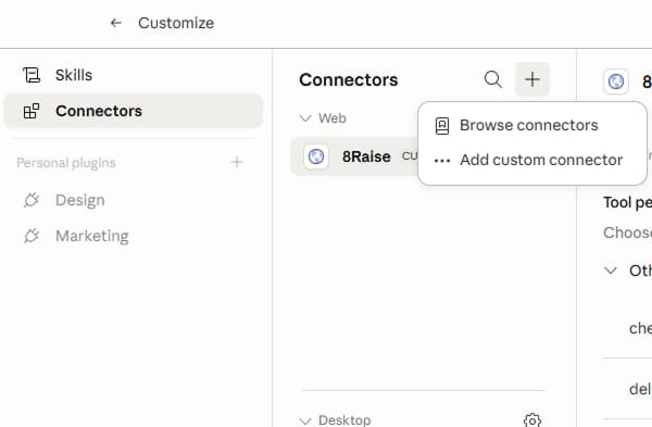Claude Connectors panel with + button and popover open