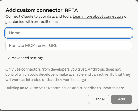 Claude Add custom connector dialog