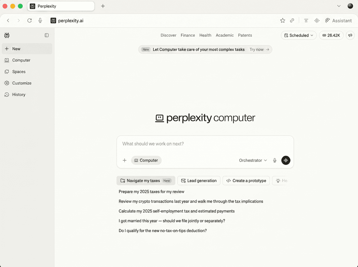 Perplexity home with the Customize sidebar item