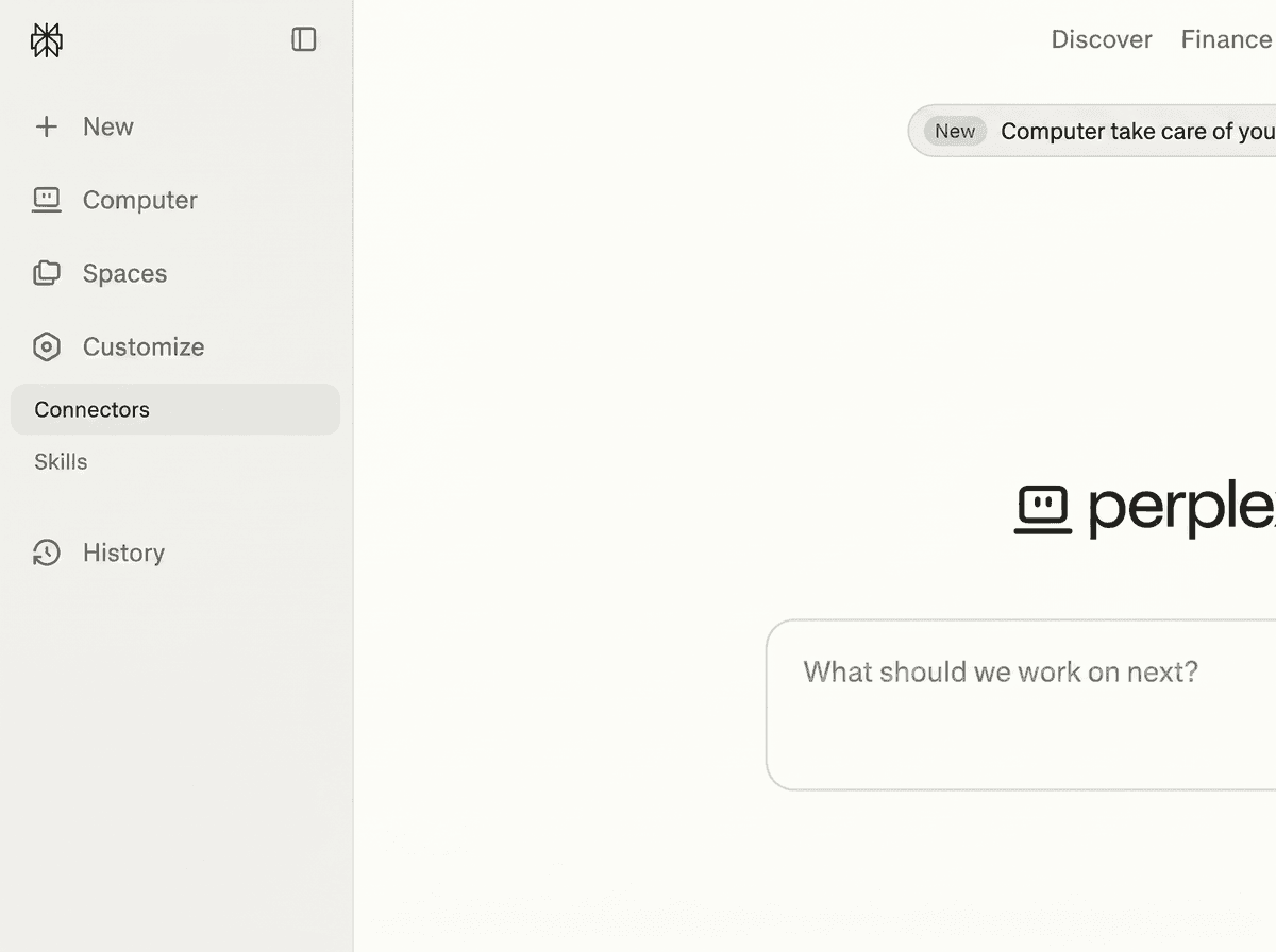 Perplexity Customize sub-menu showing Connectors