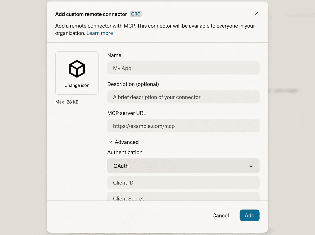 Perplexity Add custom remote connector dialog